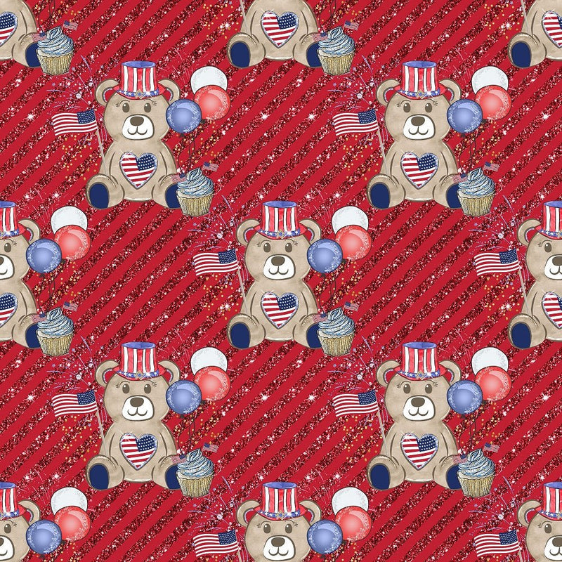 Cute Patriotic Bears on Stripes Fabric - Red - ineedfabric.com