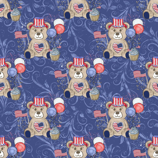 Cute Patriotic Bears on Swirls Fabric - Blue - ineedfabric.com
