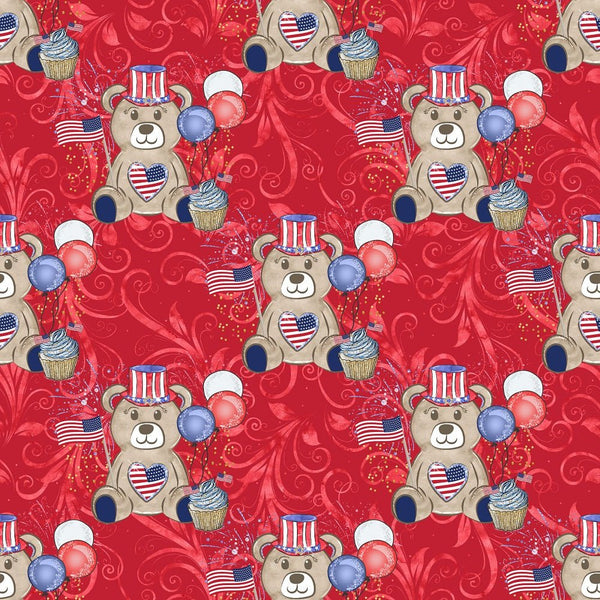 Cute Patriotic Bears on Swirls Fabric - Red - ineedfabric.com