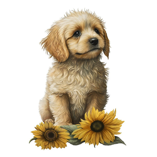 Cute Puppies & Sunflowers 5 Fabric Panel - ineedfabric.com