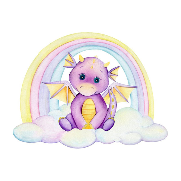 Cute Purple Dragon Sitting in a Rainbow Fabric Panel - ineedfabric.com