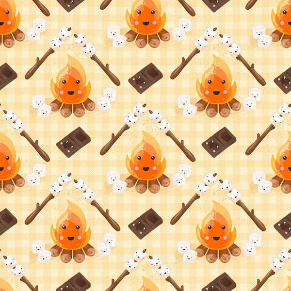 Cute Smores Campfire Fabric - Orange - ineedfabric.com