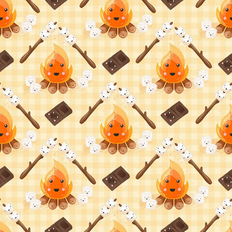 Cute Smores Campfire Fabric - Orange - ineedfabric.com