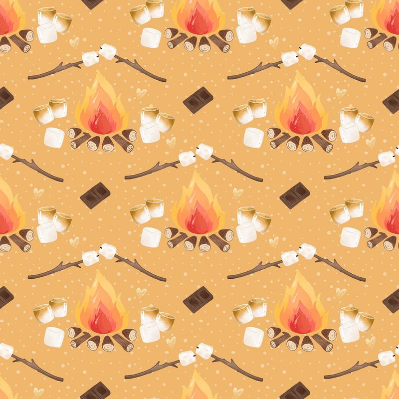 Cute Smores Campfire on Dots Fabric - Orange - ineedfabric.com