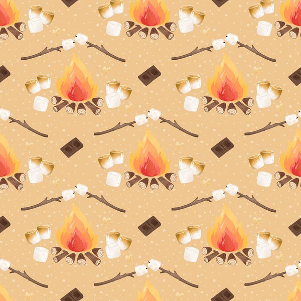 Cute Smores Campfire on Dots Fabric - Tan - ineedfabric.com