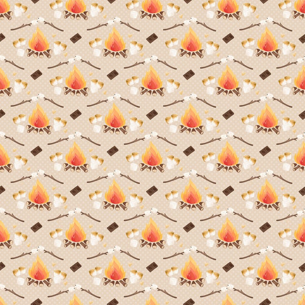Cute Smores Small Campfire on Dots Fabric - Tan - ineedfabric.com