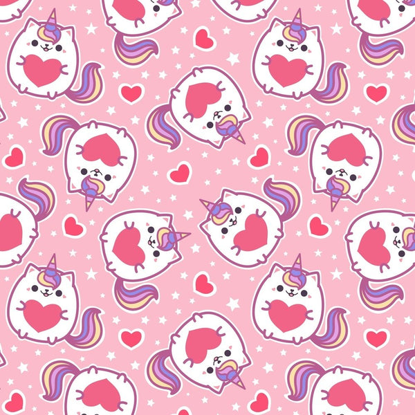Cute Unicorn Cat With Heart Fabric - Pink - ineedfabric.com