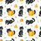 Cute Watercolor Black Cats & Pumpkins Fabric - ineedfabric.com