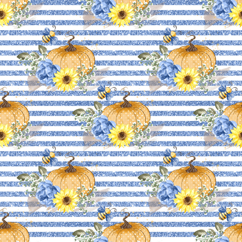 Decorative Pumpkins & Stripes Fabric - Blue - ineedfabric.com