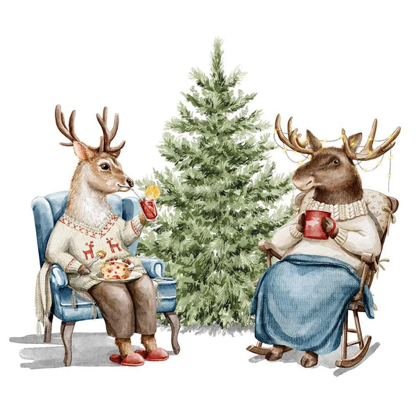 Deer & Moose Sipping Drink By Christmas Tree Fabric Panel - ineedfabric.com