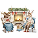 Deer & Moose Sipping Drink By Fireplace Fabric Panel - ineedfabric.com