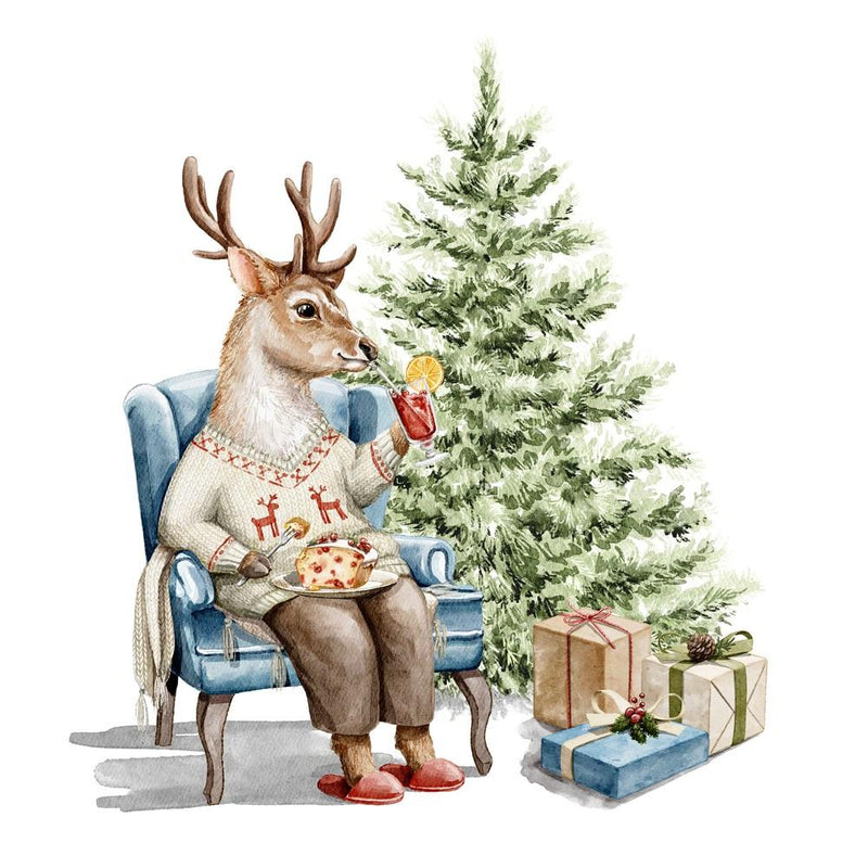 Deer Sipping Drink by Christmas Tree Fabric Panel 4.5 Inches by 4.5 Inches
