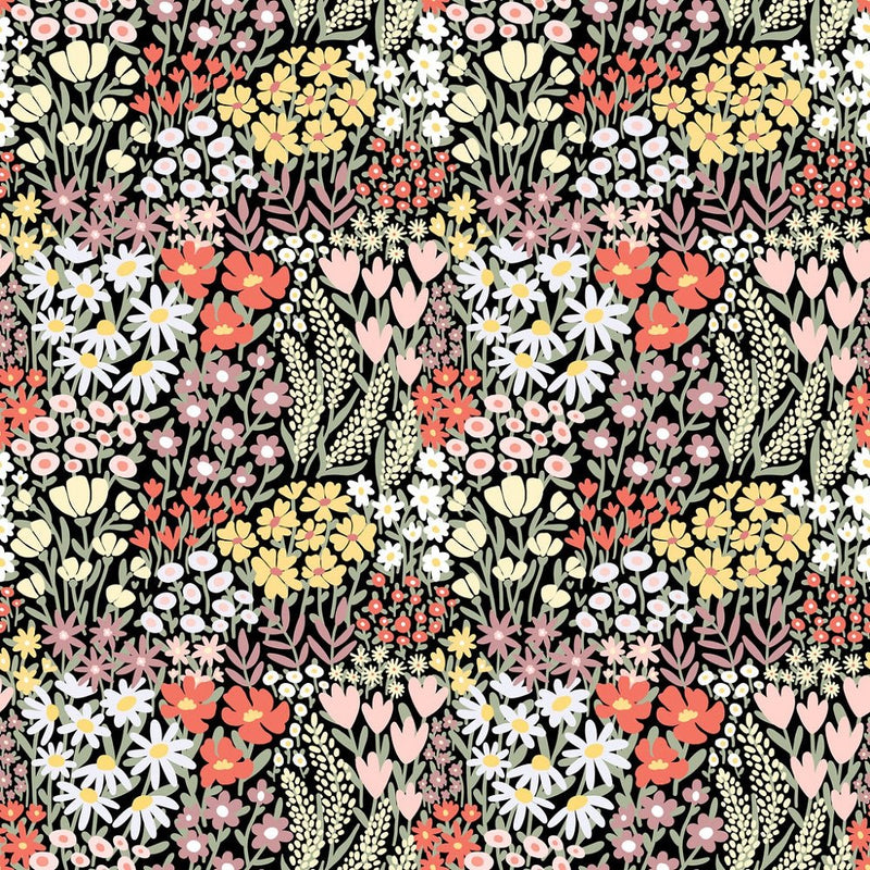 Ditsy Meadow Wildflowers Fabric - Black - ineedfabric.com