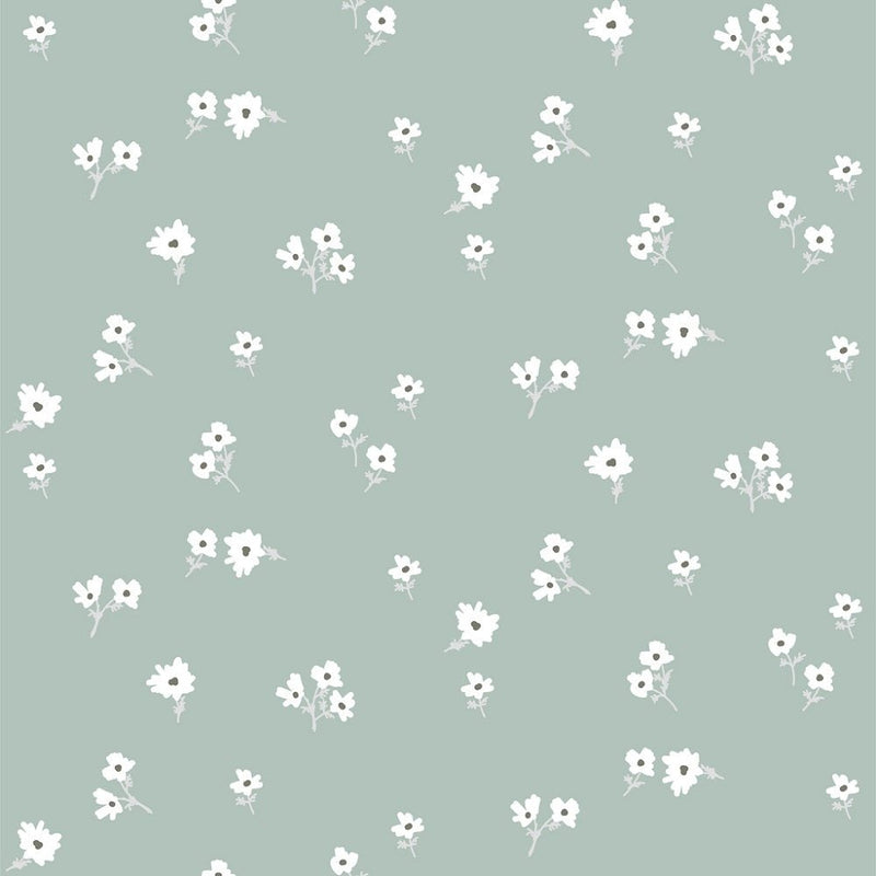 Ditsy White Flowers Fabric - Green - ineedfabric.com