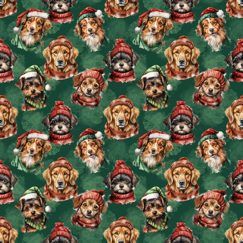 Dogs In Santa Hats Fabric - Green - ineedfabric.com