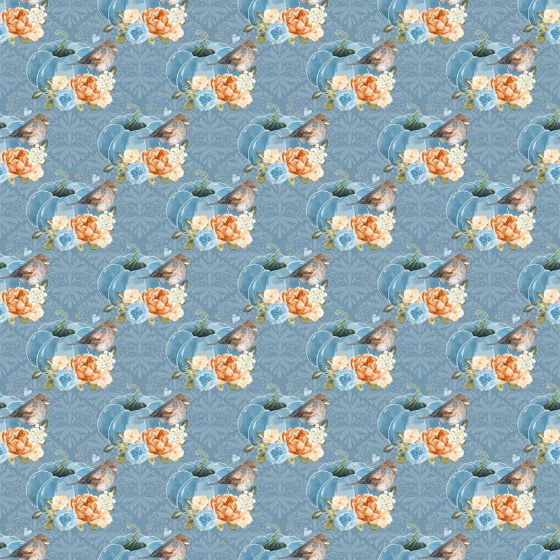 Dourado Adamascado Pumpkin & Birds Fabric - Blue - ineedfabric.com