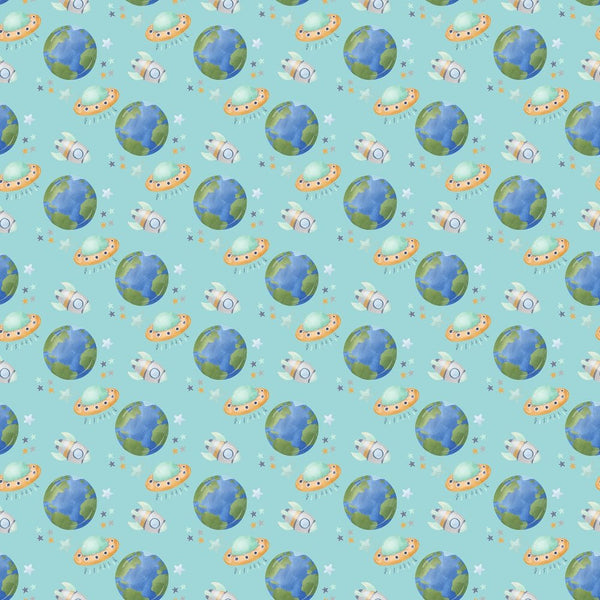 Dreams of Outerspace Earth and Ships Fabric - Blue - ineedfabric.com