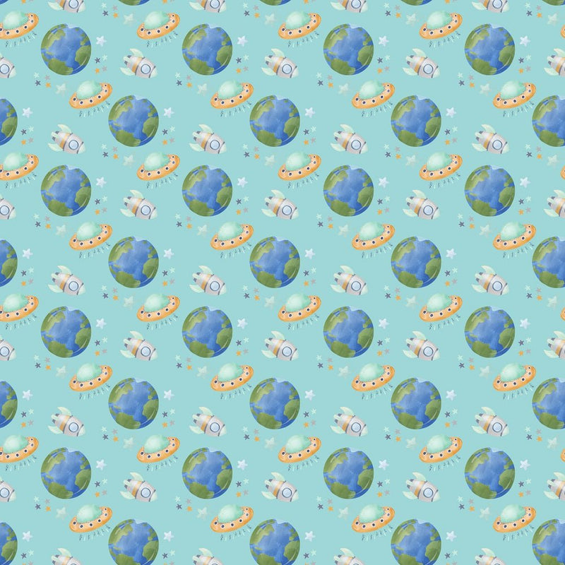 Dreams of Outerspace Earth and Ships Fabric - Blue - ineedfabric.com