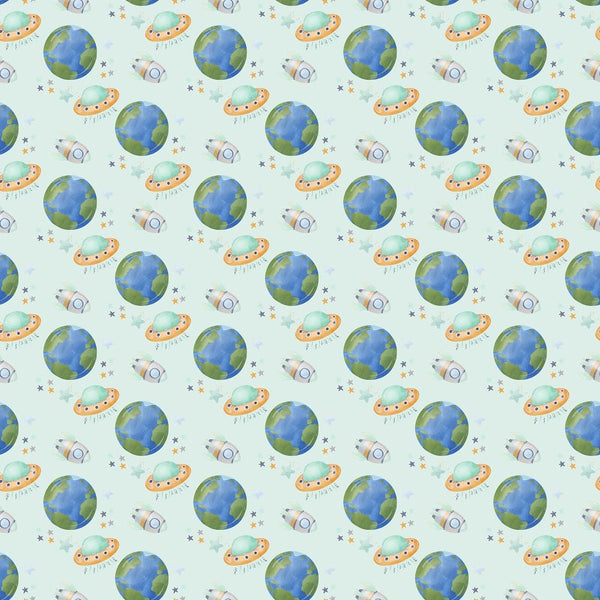 Dreams of Outerspace Earth and Ships Fabric - Light Blue - ineedfabric.com