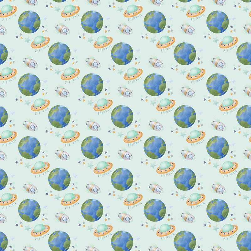 Dreams of Outerspace Earth and Ships Fabric - Light Blue - ineedfabric.com