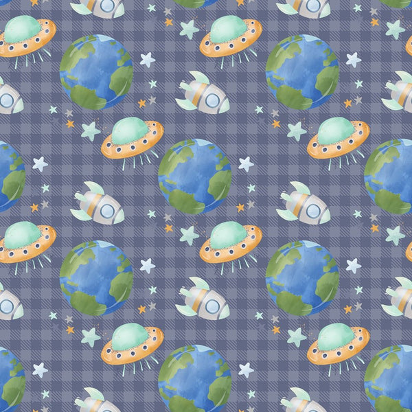 Dreams of Outerspace Earth and Ships on Plaid Fabric - Blue - ineedfabric.com