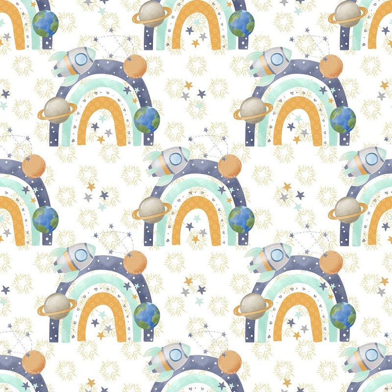 Dreams of Outerspace Rainbows Fabric - White - ineedfabric.com