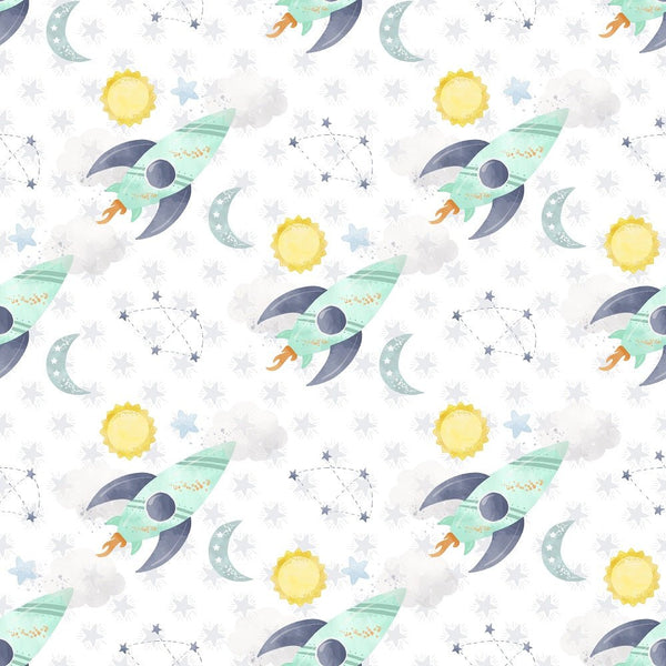 Dreams of Outerspace Rocket Ship Fabric - White - ineedfabric.com