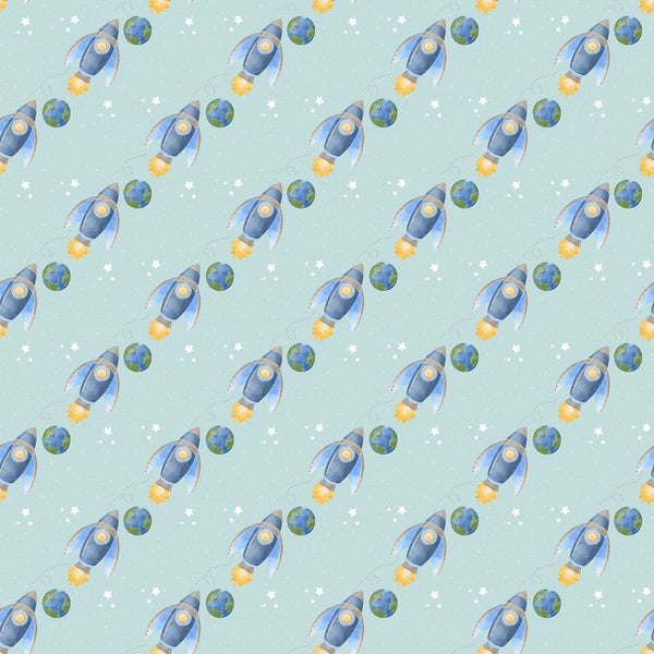Dreams of Outerspace Rocket Ships and Earth Fabric - Blue - ineedfabric.com