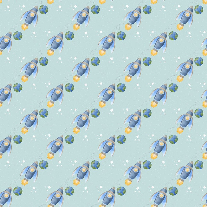 Dreams of Outerspace Rocket Ships and Earth Fabric - Blue - ineedfabric.com