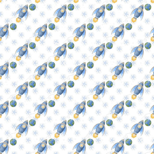 Dreams of Outerspace Rocket Ships and Earth Fabric - White - ineedfabric.com