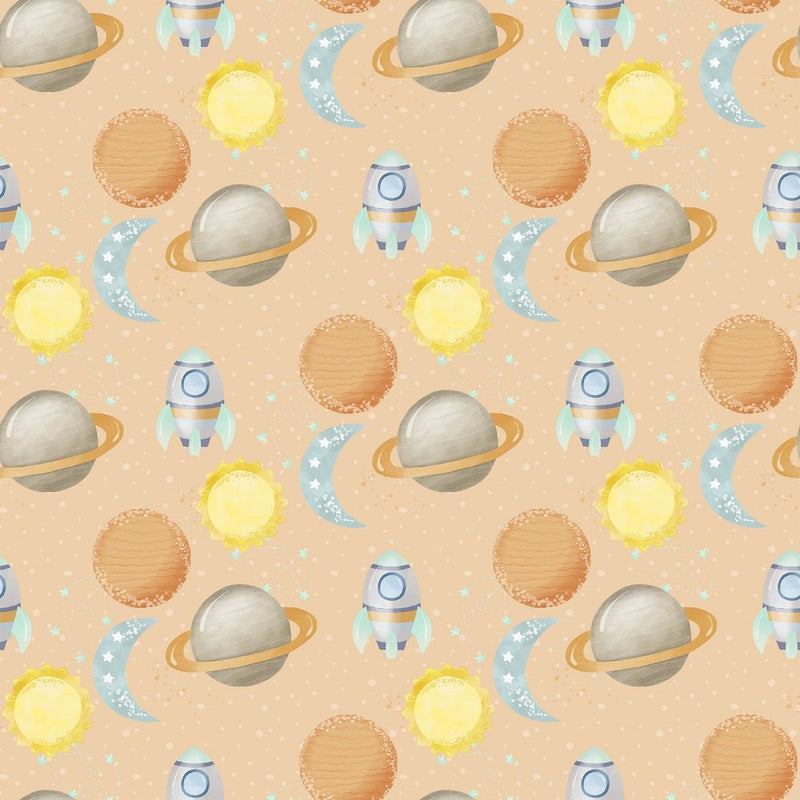 Dreams of Outerspace Ships and Planets Fabric - Orange - ineedfabric.com