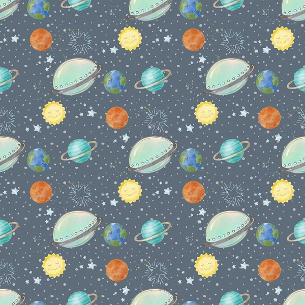Dreams of Outerspace UFOs Fabric - Dark Blue - ineedfabric.com