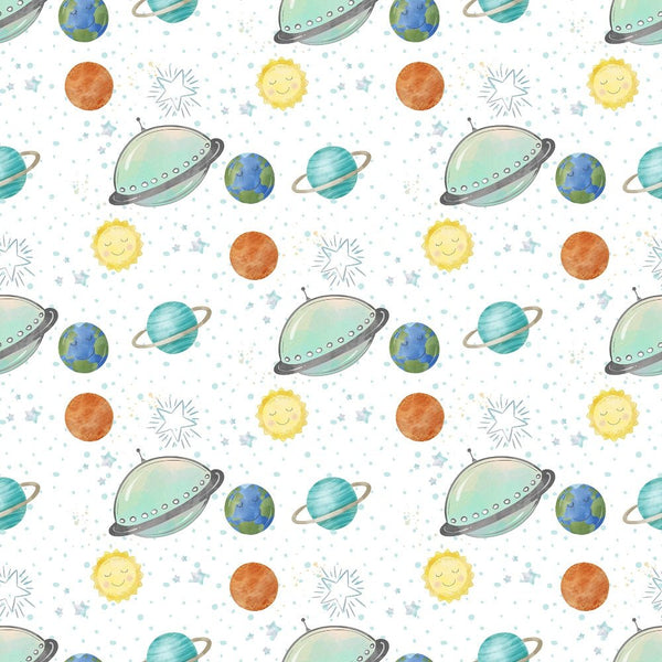 Dreams of Outerspace UFOs Fabric - White - ineedfabric.com