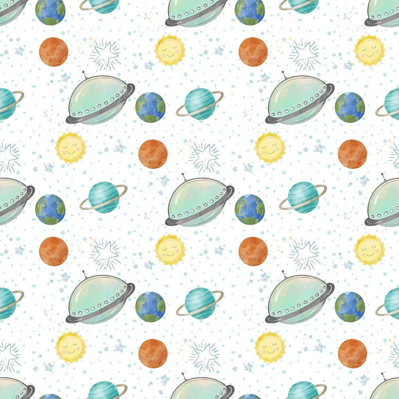 Dreams of Outerspace UFOs Fabric - White - ineedfabric.com