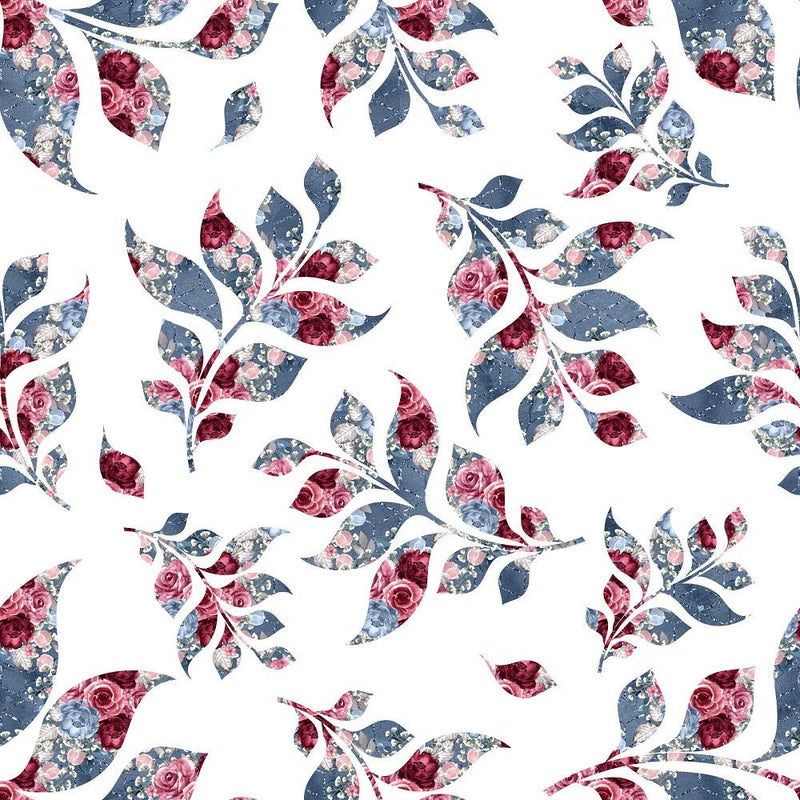 Dusty Blue and Burgundy Blue Vines Fabric - White - ineedfabric.com