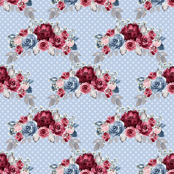 Dusty Blue and Burgundy Bouquets Dots Fabric - Blue - ineedfabric.com