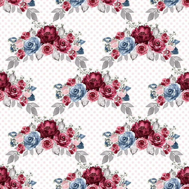 Dusty Blue and Burgundy Bouquets Dots Fabric - White - ineedfabric.com