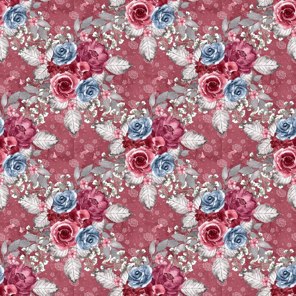Dusty Blue and Burgundy Grunge Bouquets Fabric - Red - ineedfabric.com