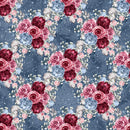 Dusty Blue and Burgundy Large Bouquets on Boxes Fabric - Dark Blue - ineedfabric.com