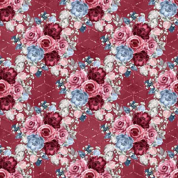 Dusty Blue and Burgundy Large Bouquets on Boxes Fabric - Red - ineedfabric.com