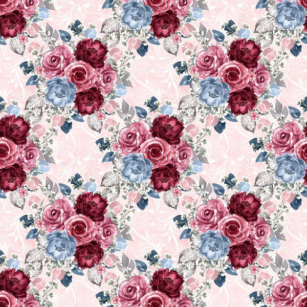 Dusty Blue and Burgundy Large Bouquets on Vines Fabric - Pink - ineedfabric.com