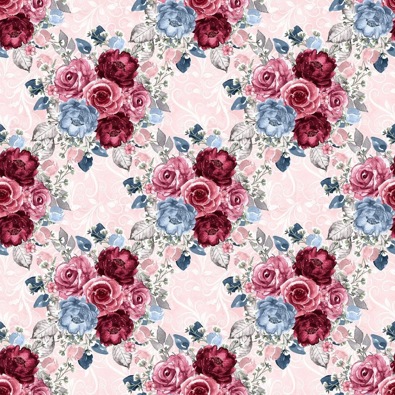 Dusty Blue and Burgundy Large Bouquets on Vines Fabric - Pink - ineedfabric.com