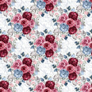 Dusty Blue and Burgundy Large Bouquets on Vines Fabric - White - ineedfabric.com