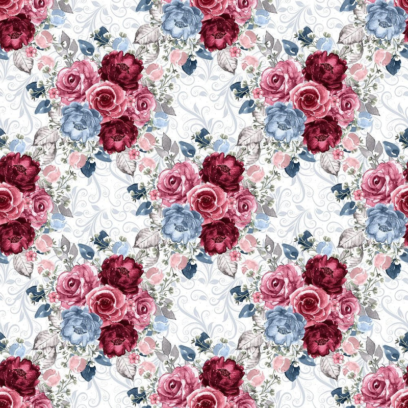 Dusty Blue and Burgundy Large Bouquets on Vines Fabric - White - ineedfabric.com