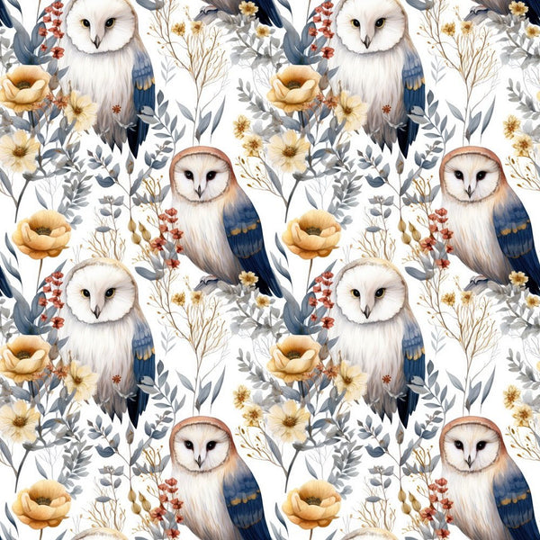 Dusty Blue Owls & Floral Fabric - ineedfabric.com