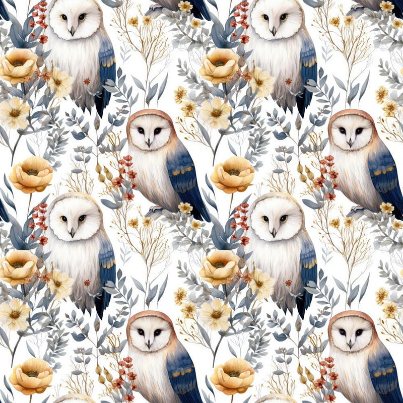 Dusty Blue Owls & Floral Fabric - ineedfabric.com