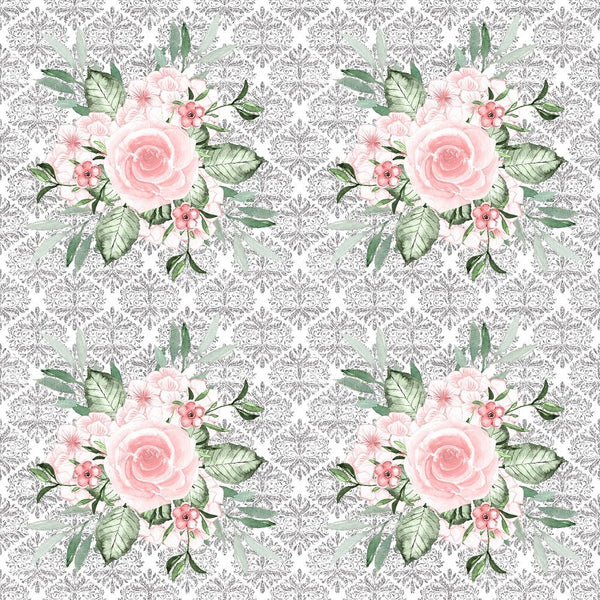 Dusty Rose Garden Bouquets on Silver Damask Fabric - ineedfabric.com