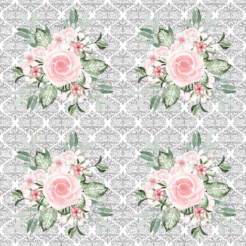 Dusty Rose Garden Bouquets on Silver Damask Fabric - ineedfabric.com