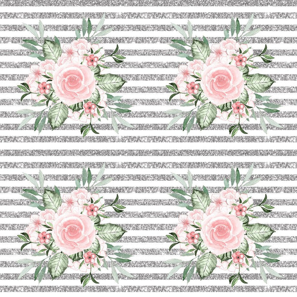 Dusty Rose Garden Bouquets on Silver Stripes Fabric - ineedfabric.com