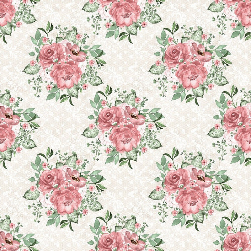 Dusty Rose Garden on Lace Fabric - Tan - ineedfabric.com